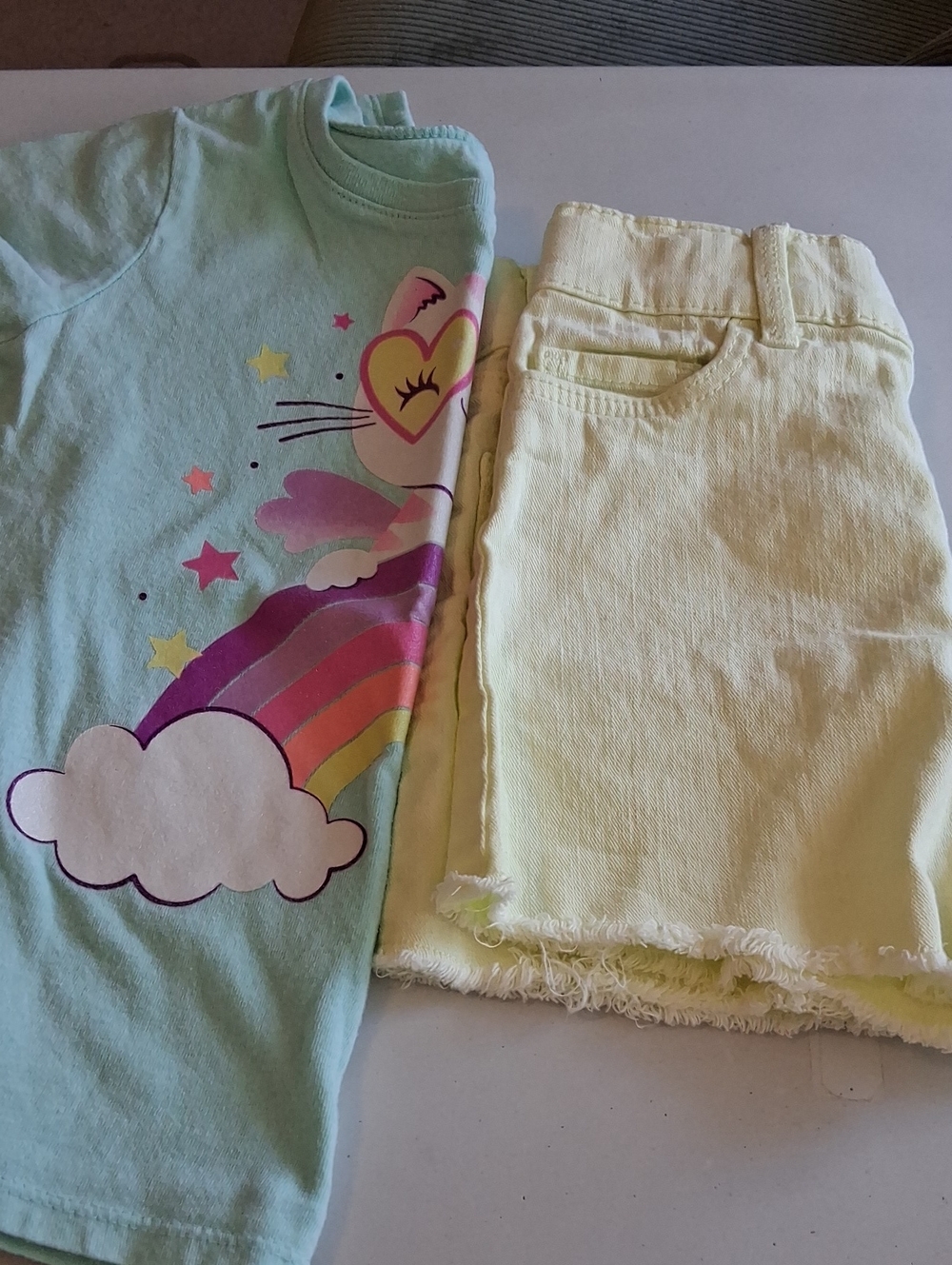 Cute Bundle, Pastel Blue Cloud Graphic Tee with Pale Yellow Waistband Shorts